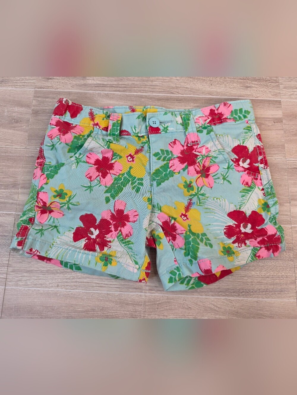 Girls 6 Faded Glory Floral Cotton Shorts - Light Blue with Pink & Yellow Flowers